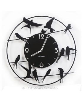 Horloge murale Oiseaux Birdy de diamètre 40 cm. Acier découpé laser. Peinture noir mat par thermolaquage