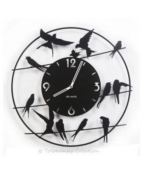 Metal wall clock Birdy. Diameter 40 cm. Steel laser cut. Black matt powder coating paint