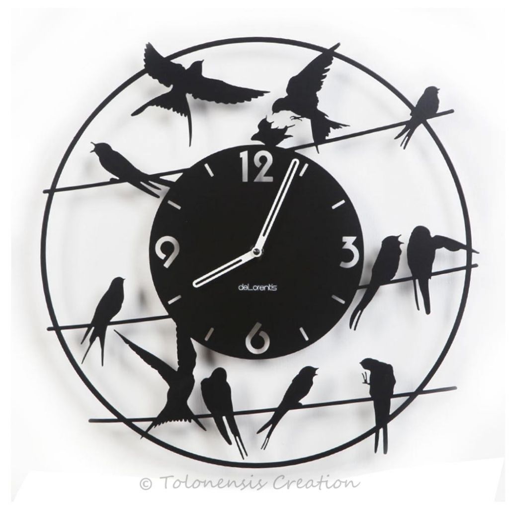 Metal wall clock Birdy. Diameter 40 cm. Steel laser cut. Black matt powder coating paint