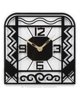 Zegar ścienny Charleston Art Deco. Wymiary 40 x 40 cm. Stal cięta laserowo. Matowe, czarne wykończenie malowane proszkowo