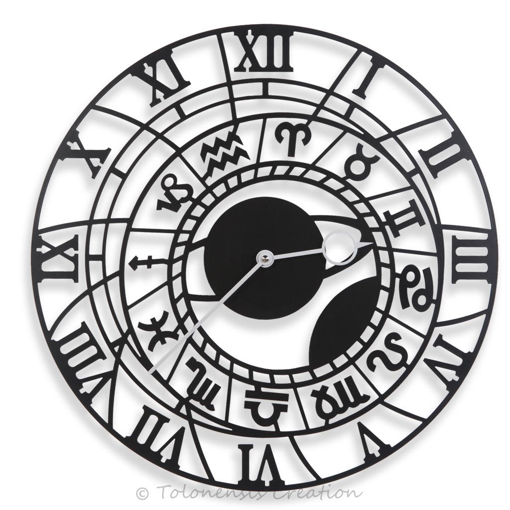 Horloge Zodiac astronomique en acier découpé laser. Noir mat par peinture thermolaquée. Diamètre 40cm