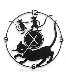 Horloge murale chat Mistigri. Diamètre 40 cm. Acier découpé laser.