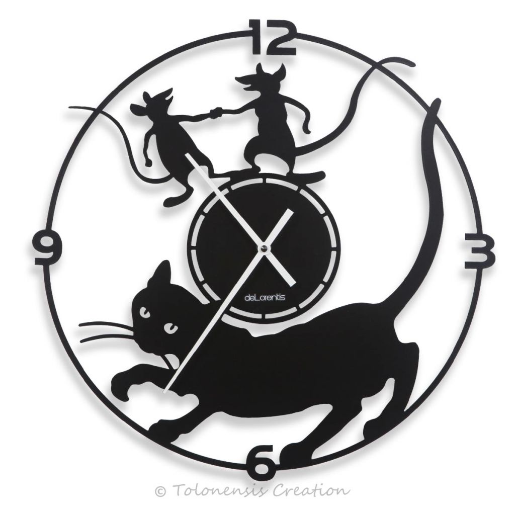 Zegar ścienny z kotem Mistigri. Średnica 40 cm. Stal wycinana laserowo.