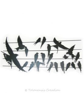 Decorazione murale Birdy sul tema degli uccelli. Acciaio tagliato al laser. Larghezza 90 cm