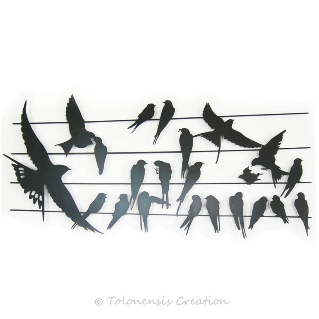 Decorazione murale Birdy sul tema degli uccelli. Acciaio tagliato al laser. Larghezza 90 cm