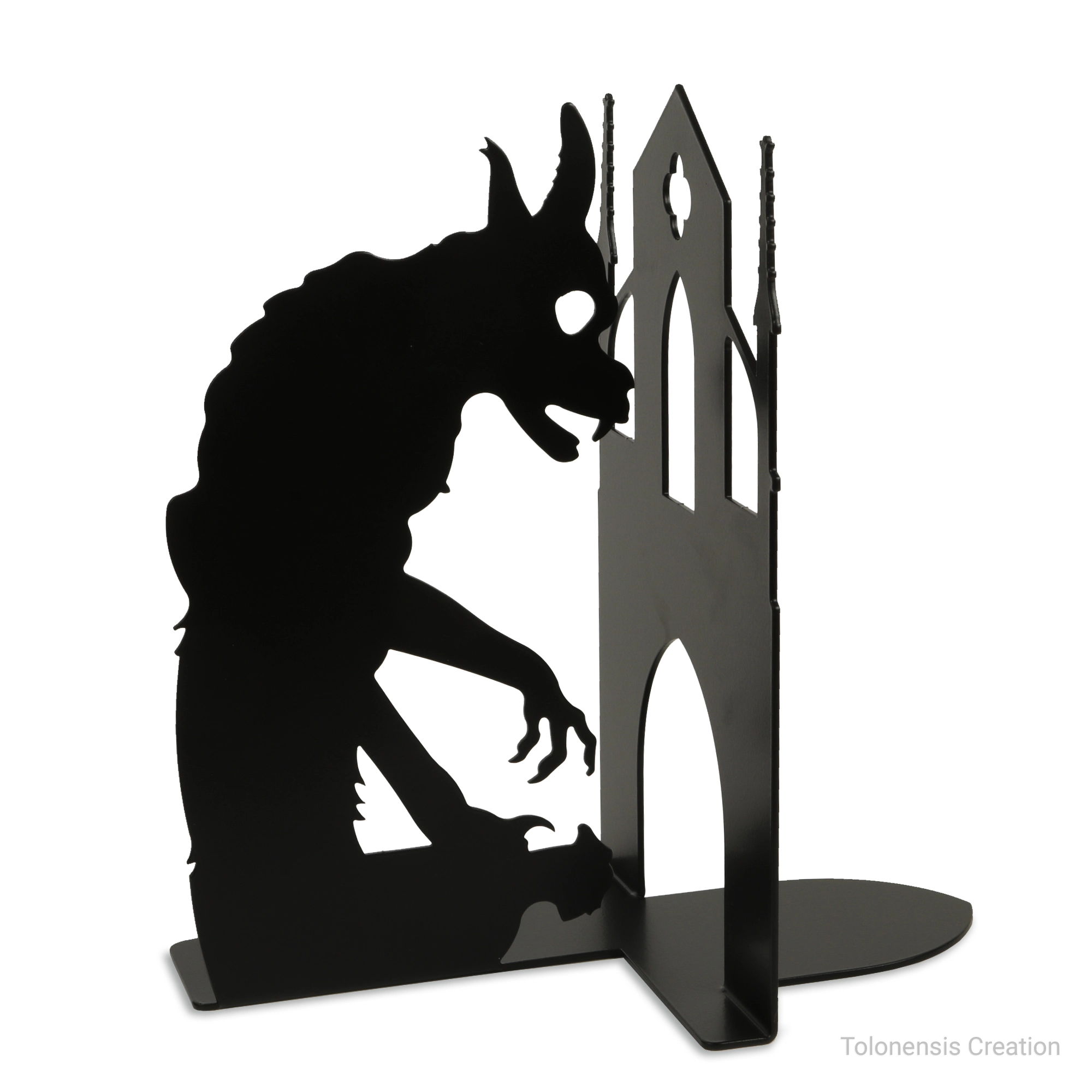 ノートルダム大聖堂のキマイラ（ガーゴイル）をモチーフにしたブックエンド。芸術的な金属製インテリア作品。