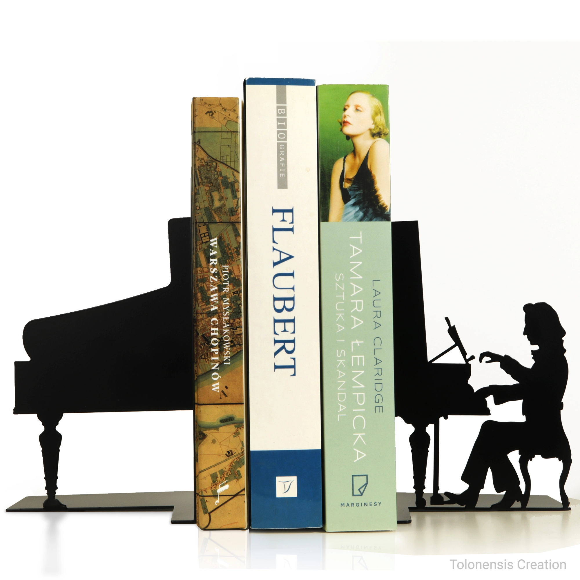 Ensemble de serre-livres Frédéric Chopin par Tolonensis Creation, acier noir mat découpé laser représentant le compositeur au piano