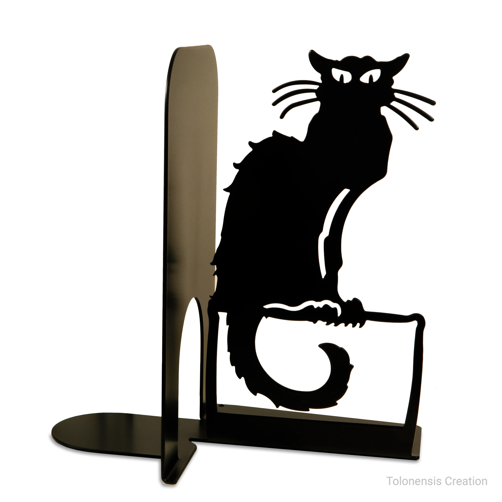 Serre-livres Cabaret Le Chat Noir – modèle droit, silhouette du chat emblématique de Montmartre. Pièce décorative en métal thermolaqué noir, fabriquée par Tolonensis Creation.