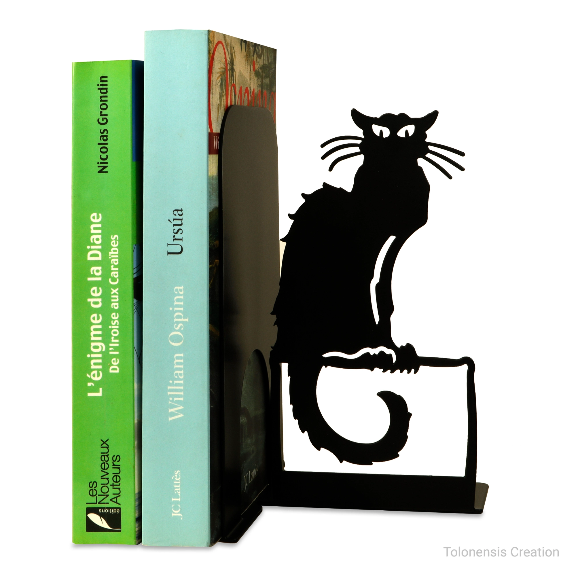 Serre-livres Cabaret Le Chat Noir de Paris, création artistique en acier noir mat. Évocation du célèbre cabaret fondé par Rodolphe Salis et de la vie artistique de la Belle Époque.