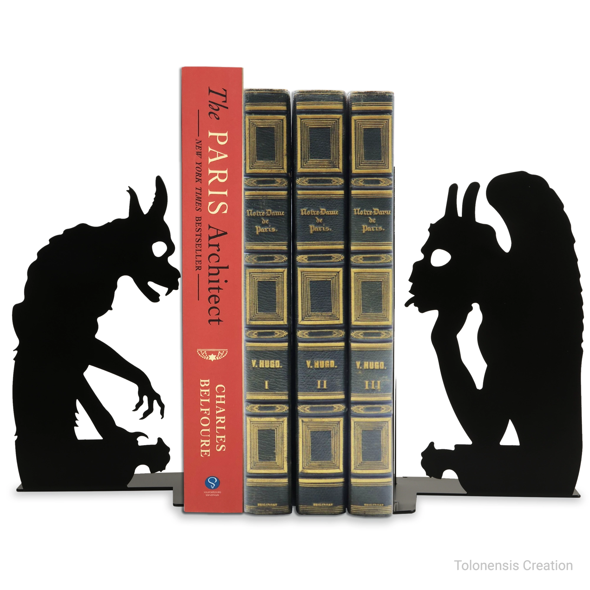 Paire de serre-livres Notre-Dame de Paris Stryge et Chimère en acier noir mat découpé au laser, création Tolonensis Creation