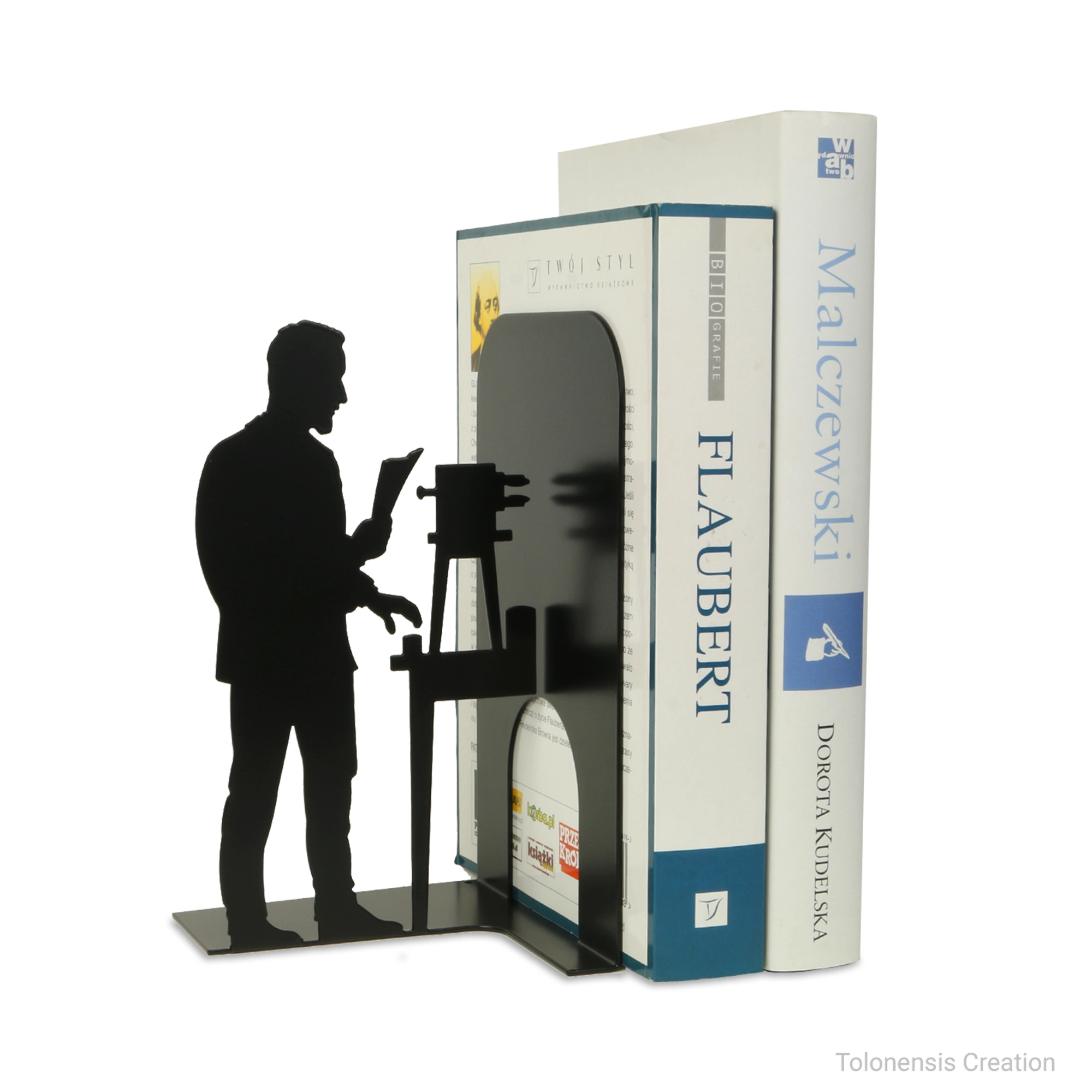 Serre-livres Pierre Curie Tolonensis Creation, métal découpé laser noir mat