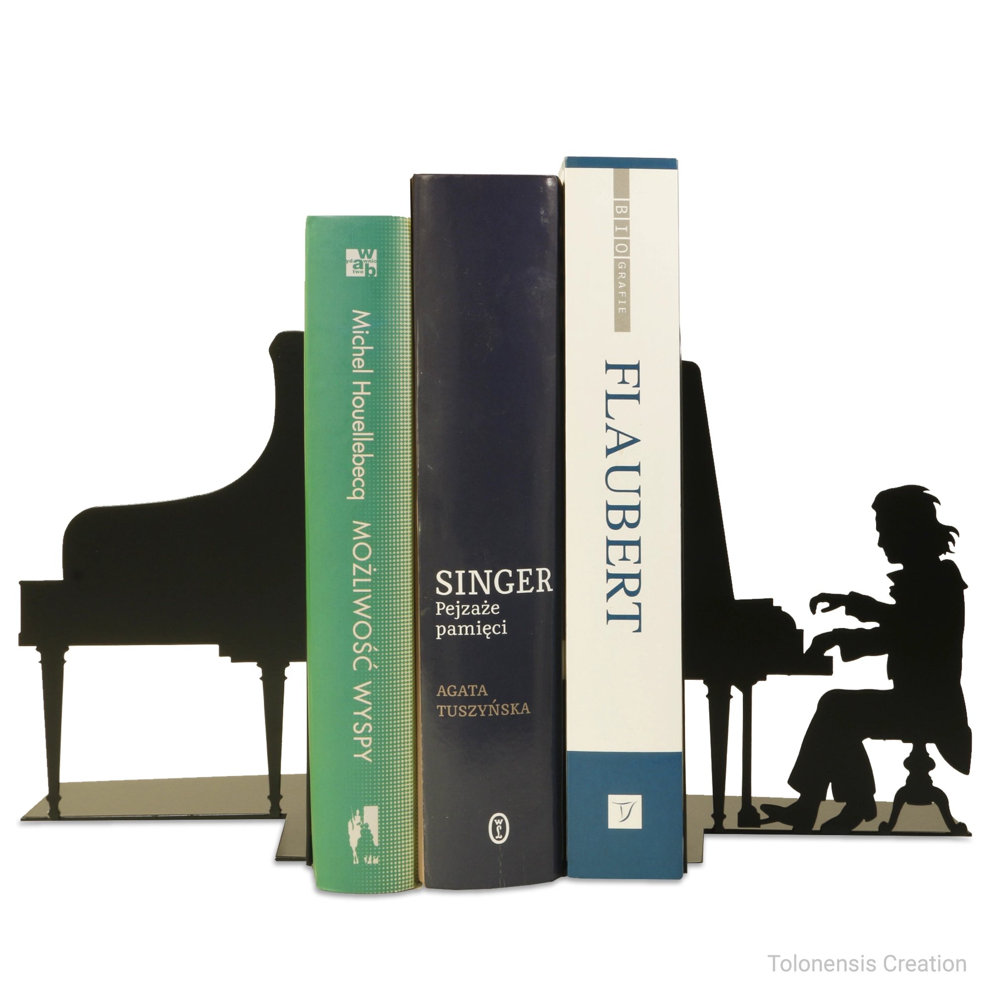 Set of Ludwig van Beethoven bookends by Tolonensis Creation, matte black laser-cut steel representing the composer at his piano