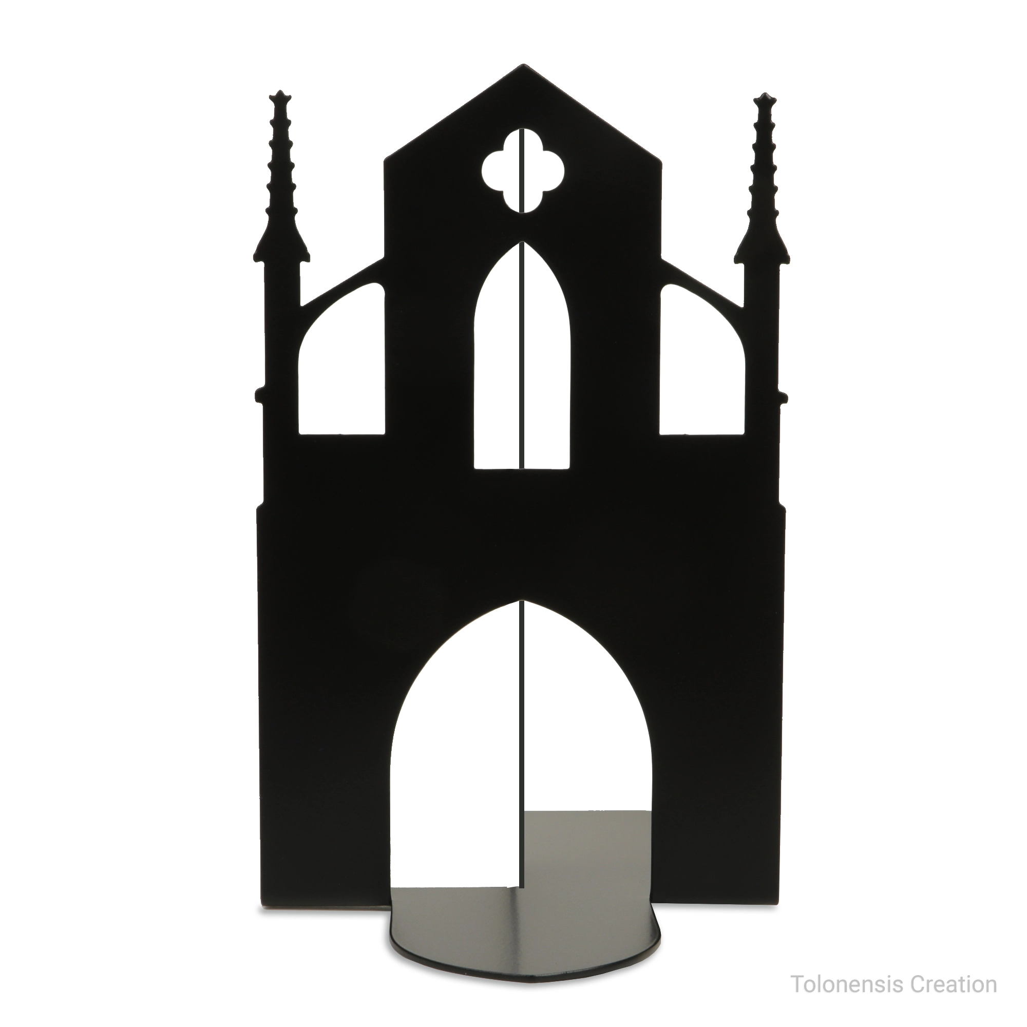 Tranche et détails du serre-livres Notre-Dame de Paris, vue latérale montrant la finition laser et la stabilité de la base